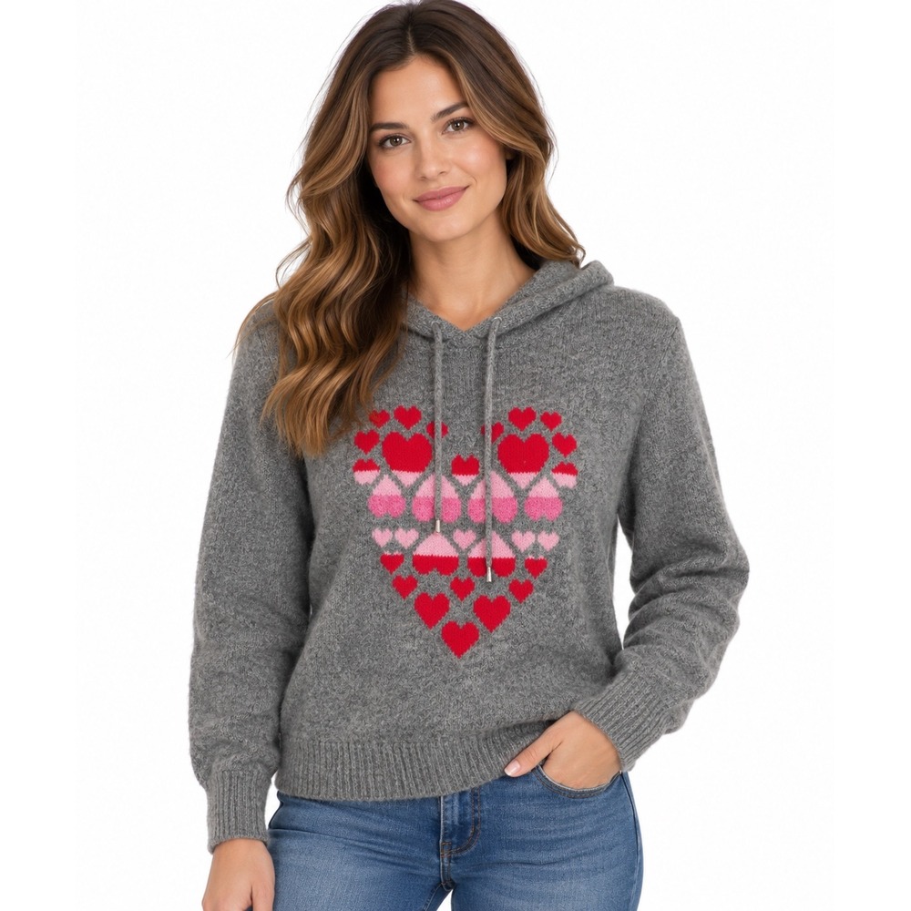 Cupcakes and Cashmere Gray Heart Intarsia Hooded Sweater Large NWT